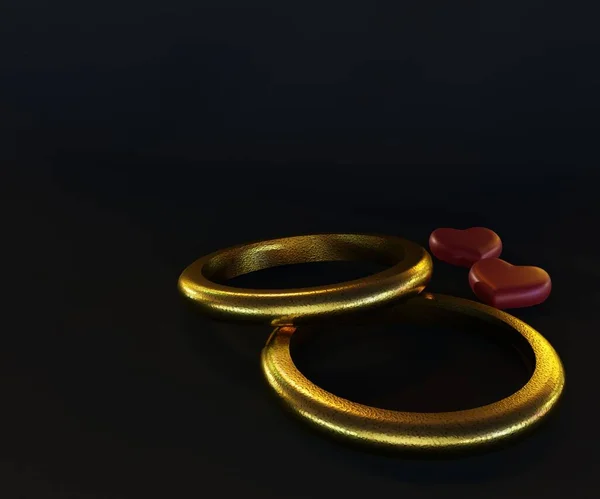 Zwei Goldene Ringe Sind Mit Zwei Roten Herzen Hintergrund Verbunden — Stockfoto