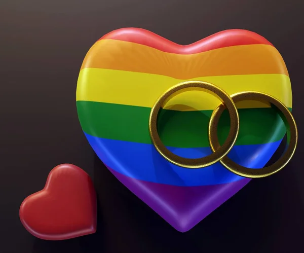 Zwei Goldene Ringe Mit Rotem Herzen Und Regenbogenherzform Hintergrund Darstellung — Stockfoto