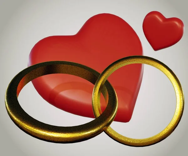 Δύο Χρυσά Δαχτυλίδια Συνδέονται Δύο Κόκκινες Καρδιές Φόντο Απόδοση — Φωτογραφία Αρχείου