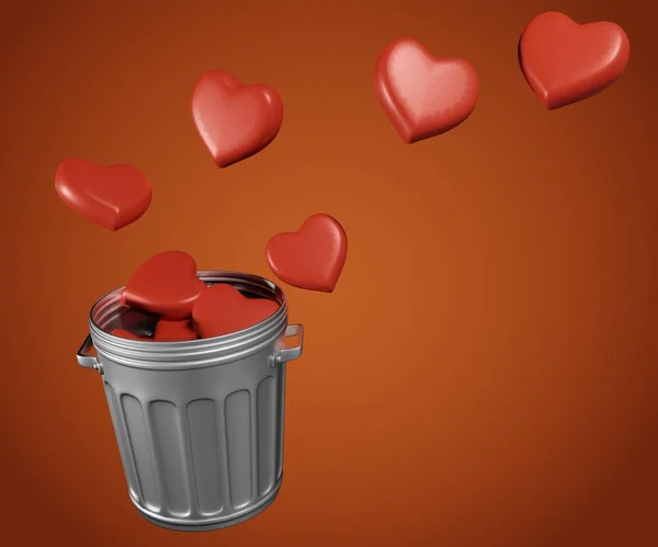 金属ゴミ缶または赤いハート形のゴミ箱3Dレンダリング — ストック写真