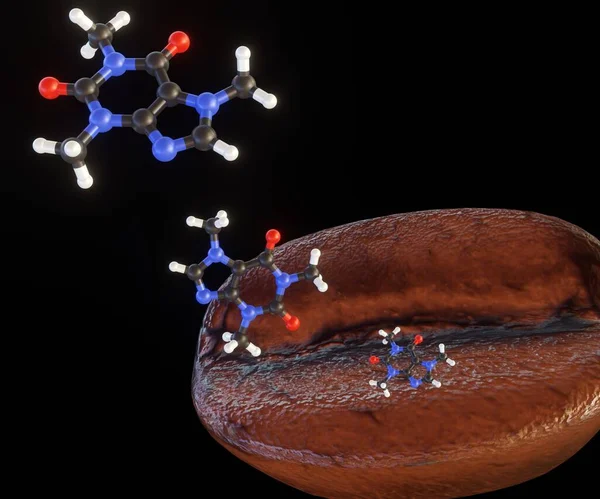 Caffeine Molecular Structure and roasted coffee Beans 3d rendering