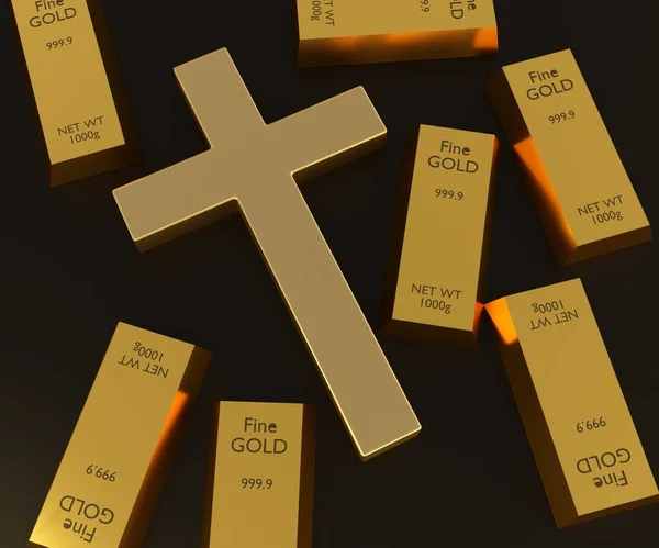 Золота Слитка Чистого Карата 999 Золото Крестом Христианский Символ Рендеринга — стоковое фото