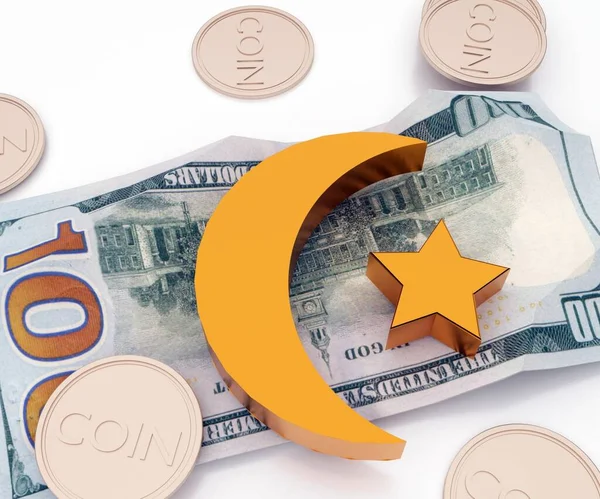Полумесяц Символ Ислама Бумажными Деньгами Монетами Рендеринг — стоковое фото