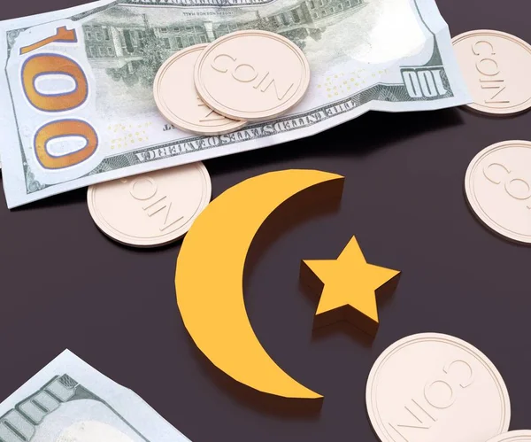 Půlměsíc Jako Islámský Symbol Papírovými Penězi Mincemi Rendering — Stock fotografie