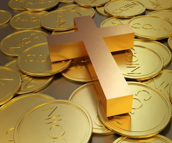 Cruz Oro Con Pila Monedas Oro Como Símbolo Riqueza Representación — Foto de Stock