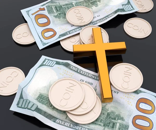 Złote Chrześcijaństwo Krzyż Jako Dziesięcina Lub Oferowanie Darowizny Pieniędzy Monet — Zdjęcie stockowe