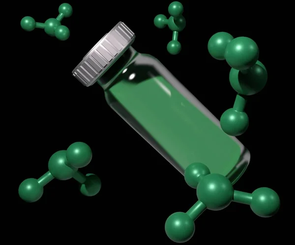 谢勒的绿色上装了大量的砷铜 用的是绿砷 瓶子内绿色液体的绿砷分子3D渲染 — 图库照片