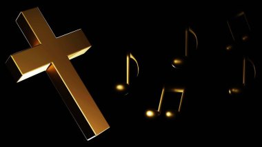 Düşük aydınlık ortamda Hıristiyan haçı ve müzik notaları siyah arkaplan 3d oluşturma