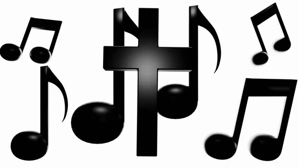 Chrześcijański Krzyż Nuty Muzyczne Słabym Świetle Środowiska Białego Tła Renderowania — Zdjęcie stockowe