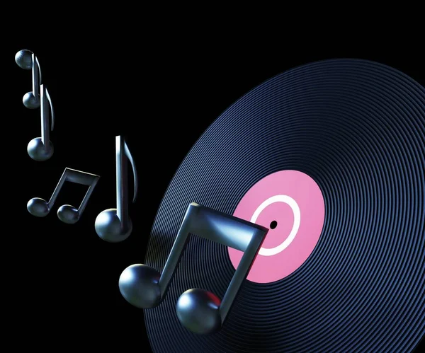 Isolated vinyl record record and music notes in the black background 3d rendering