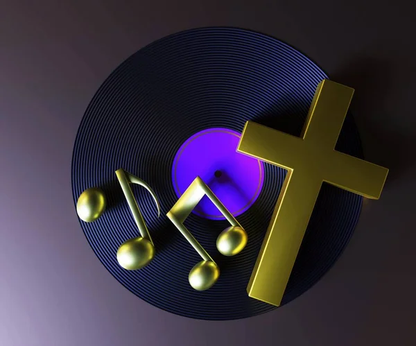 The gospel vinyl record record with golden cross and music notes in the black background 3d rendering