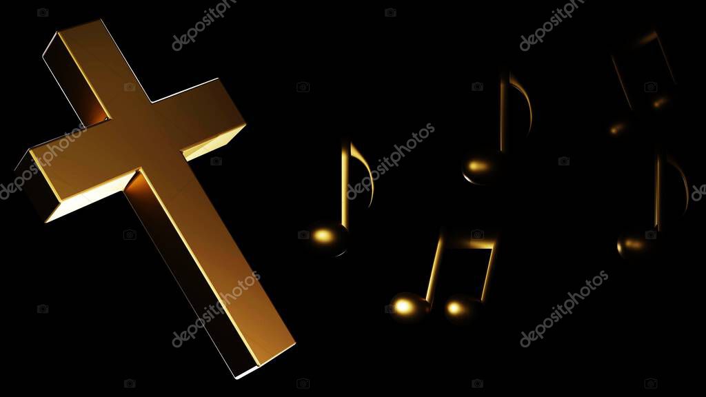 Christian cross and music notes in the low light environment black background 3d rendering