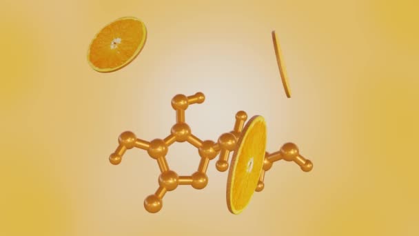 Orange Slices Rotating Ascorbic Acid Vitamin Molecule Rendering — Stock Video