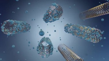Uyuşturucu dağıtımı için karbon nanotüpler (CNT). Uyuşturucu molekülleri karbon nanotüpünün 3 boyutlu görüntülemesi ile birleşti