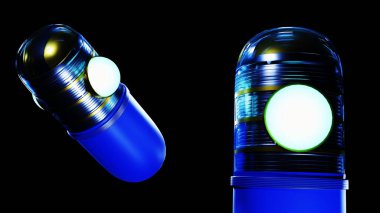 Siyah arkaplandaki izole edilmiş robot makine ilaç kapsülü 3D