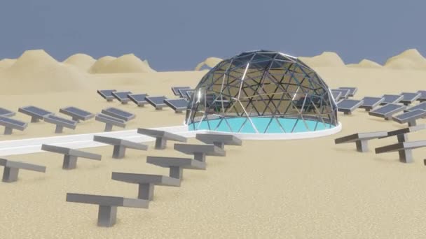 太陽ドーム海水淡水化は砂漠の3Dレンダリングにおける二酸化炭素中立海水淡水化の未来です — ストック動画