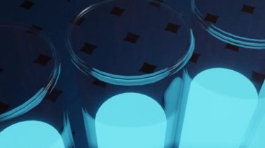 Mavi renkli sıvı içeren bir dizi laboratuvar cam tüpünün ya da test tüplerinin 3 boyutlu animasyonu.