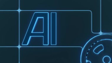 Yapay Zeka 'nın (AI) canlı mavi neon parıltısıyla 3 boyutlu animasyonunu içeren soyut teknoloji arka plan kavramı