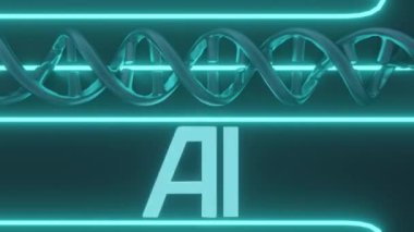 Yapay Zeka (AI) ve DNA sarmalının canlı mavi neon parlaklığında 3 boyutlu animasyonunu içeren soyut teknoloji arka plan kavramı