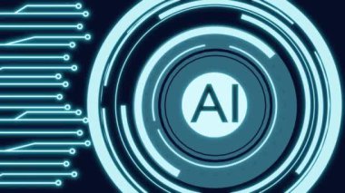 Yapay Zeka 'nın (AI) canlı mavi neon parıltısıyla 3 boyutlu animasyonunu içeren soyut teknoloji arka plan kavramı