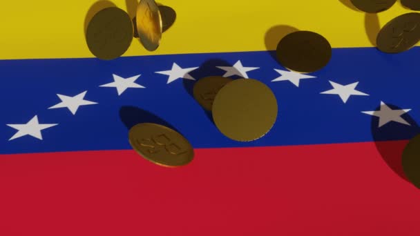 Uma Animação Bandeira Venezuelana Chuva Moedas Ouro Bolvar Representa Economia — Vídeo de Stock