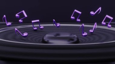 Müzik notalarının 3 boyutlu animasyonu bir hoparlör yüzünden titreşir. Bazı notalar hoparlörden bir dereye akıyor.