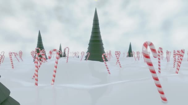 Animace Vánočních Stromků Žlutými Hvězdami Vrcholu Stojící Zasněžené Půdě Oblohou — Stock video