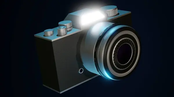 3D rendering of a flashing camera floating in a black background