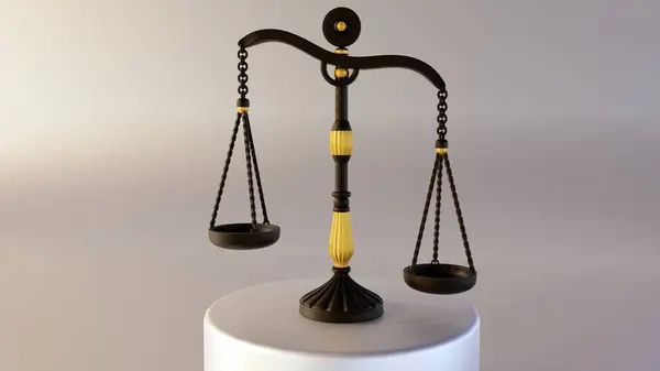 Gold scale with blue beads, balanced on a brown background. A symbol of luxury, wealth, and equality, 3d rendering