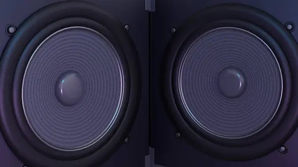 A close-up of a speaker. The speaker grilles are made of a metallic mesh, and the speakers are mounted on black stands, 3d rendering