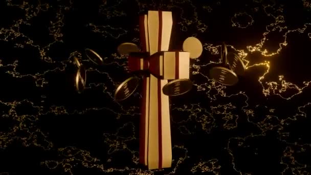 金银财宝的3D动画在金银财宝纹理背景上的金十字架上旋转 — 图库视频影像