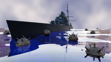 Bir deniz mayınının 3 boyutlu görüntüsü, aynı zamanda bir deniz mayını ve bir savaş gemisine yerleştirilmiş olarak da bilinir..