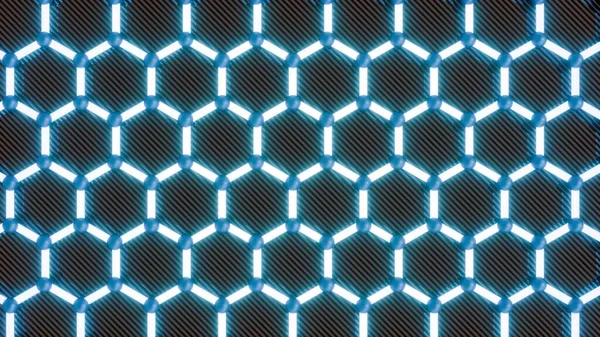 3D rendering of a honeycomb pattern resembling a molecule structure on a black grid textured background.