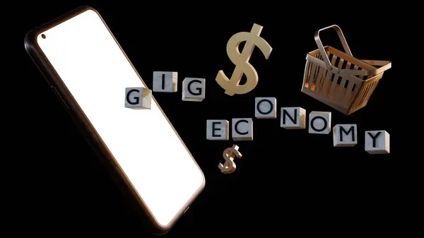 3d rendering of gig economy; temporary work that is arranged through an online platform or mobile application