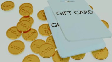 İzole edilmiş hediye kartının 3D animasyonu ve beyaz arka planda düşen altın sikke