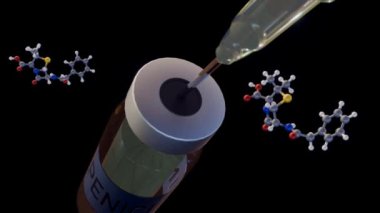3D penisilin G veya Benzilpenisilin moleküllerinin tıbbi şırıngalı ve enjekte edilebilir ilaç ile canlandırılması