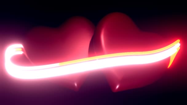 Animation Των Απομονωμένων Κόκκινα Σχήματα Καρδιά Μέσα Από Λαμπερό Νέον — Αρχείο Βίντεο