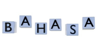 Beyaz arkaplana karşı zar üzerine yazılmış Bahasa kelimelerinin 3 boyutlu yorumlanması.