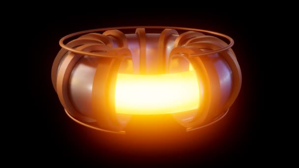 3Dアニメーションで描かれたフュージョンリアクターの小型化されたモデルは ドーナツ型のチャンバー内に超加熱プラズマを閉じ込めた磁場を展示します — ストック動画