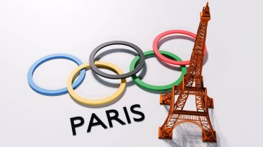 Beyaz arkaplanda beş Olimpiyat halkasının yanında duran Eyfel Kulesi 'nin 3D görüntüsü