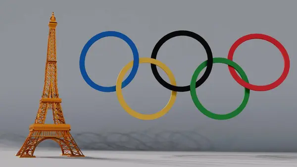 Рендеринг Эйфелевой Башни Стоящей Рядом Пятью Олимпийскими Кольцами Белом Фоне Лицензионные Стоковые Изображения