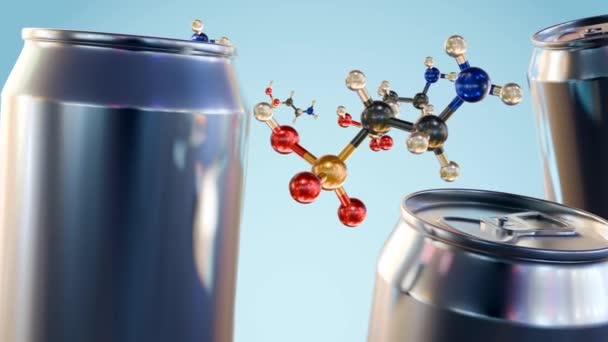 タウリン分子およびブランドされていないエネルギー飲料缶の3Dアニメーション タウリンはエネルギー飲料の共通成分であり 筋肉機能 耐久性および抗酸化特性で役割を果たすかもしれません — ストック動画