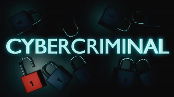 Animación Una Carta Cibercrimen Parpadeante Candado Rojo Destaca Contra Una — Vídeo de stock