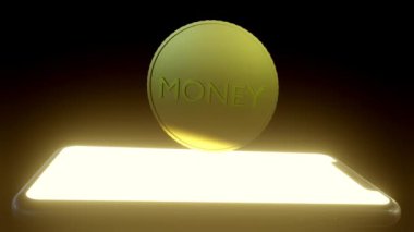 Dijital bankacılık sembolü olarak parlayan akıllı telefon ekranında dönen üç boyutlu bir altın sikke animasyonu