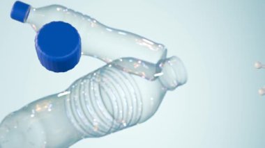 Laktik asit moleküllerinin 3D animasyonu açık mavi arkaplanda mavi plastik su şişelerine doğru yüzer.