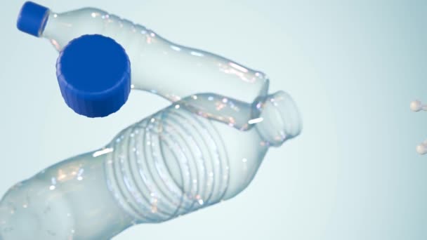 Animation Von Milchsäuremolekülen Die Blauen Plastikwasserflaschen Auf Hellblauem Hintergrund Schweben — Stockvideo