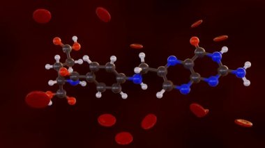 B9 vitamini olarak da bilinen folik asit molekülünün 3D animasyonu vücudun sağlıklı kırmızı kan hücreleri üretmesine yardımcı olur.