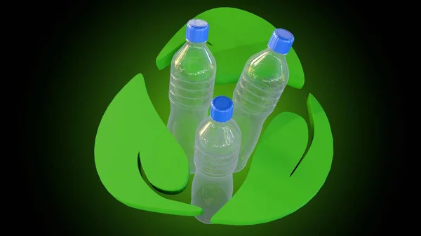 3d rendering of biodegradable sign and empty plastic bottles garbage