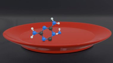 Melamin moleküllerinin 3d animasyonu ve siyah arkaplanda plastik plaka