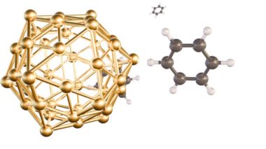 Benzen moleküllerinin 3d animasyonu beyaz arkaplanda altın (Au) nano partikülleri (NP) eşleştirdi